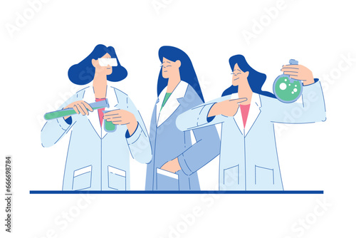Chemistry with Woman Scientist Character with Glass Flask and Tube Vector Illustration