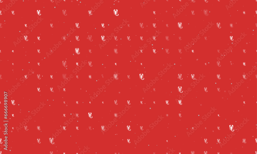 Seamless background pattern of evenly spaced white scorpio symbols of different sizes and opacity. Vector illustration on red background with stars