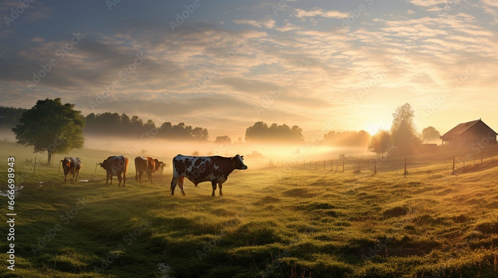 Herd of cows grazing on a farmland - obrazy, fototapety, plakaty 