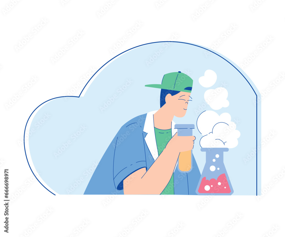 Chemistry with Man Scientist Character with Glass Flask Vector Illustration