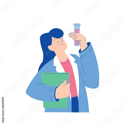 Chemistry with Woman Scientist Character Hold Clipboard and Glass Tube Vector Illustration