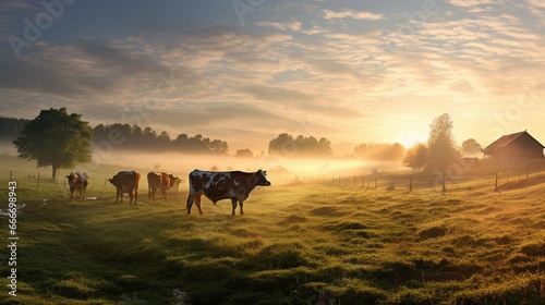 Herd of cows grazing on a farmland photo
