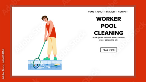 clean worker pool cleaning vector. blue work, water summer, maintenance cleaner clean worker pool cleaning web flat cartoon illustration