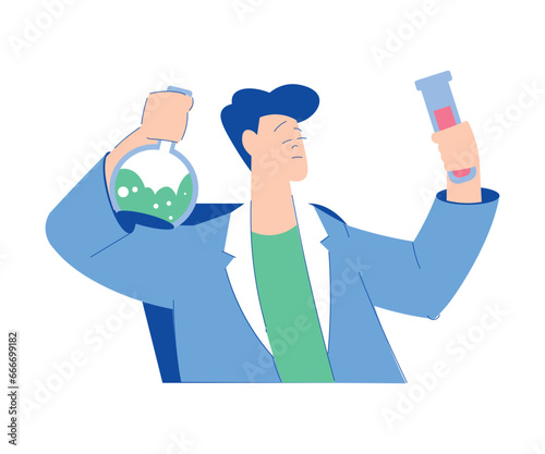 Chemistry with Man Scientist Character with Glass Flask Vector Illustration