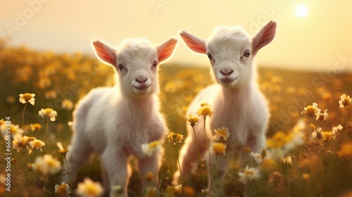 Two lambs grazing in a field in spring