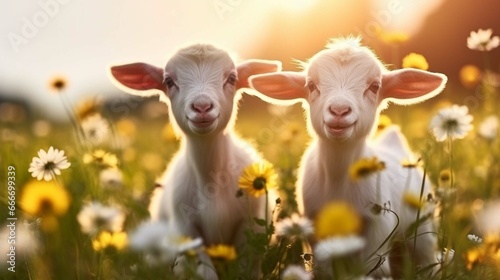 Two lambs grazing in a field in spring