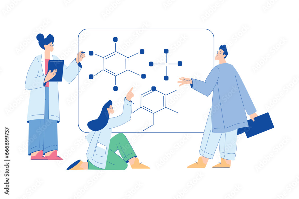 Chemistry with Man and Woman Scientist Character Explore Molecule Vector Illustration