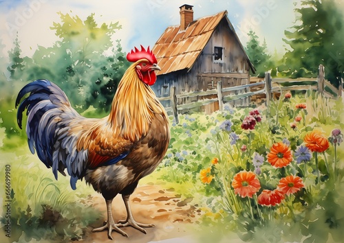 rooster standing field barn background large flowers alarm clock evokes delight unmistakably kenyan using greeting warmly old kitchen backdrop photo