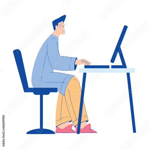 Chemistry with Man Scientist Character Sitting with Computer at Desk Vector Illustration