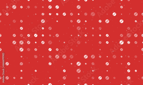 Seamless background pattern of evenly spaced white pill symbols of different sizes and opacity. Vector illustration on red background with stars