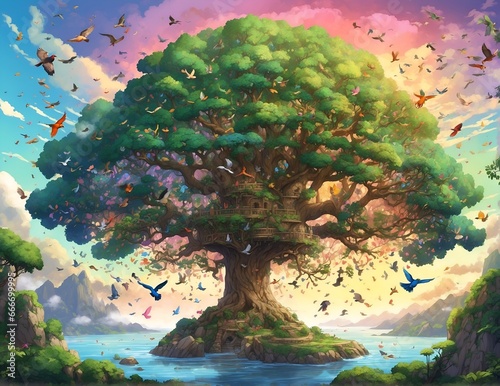 Landscape of the sea and tree of life, ai generated