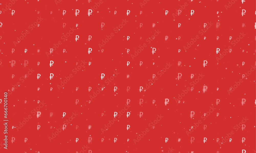 Seamless background pattern of evenly spaced white ruble symbols of different sizes and opacity. Vector illustration on red background with stars Seamless background pattern of evenly spaced white ruble symbols of different sizes and opacity. Vector illustration on red background with stars