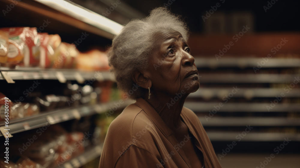 Portrait of an elderly woman against the background of grocery shelves. AI Generated