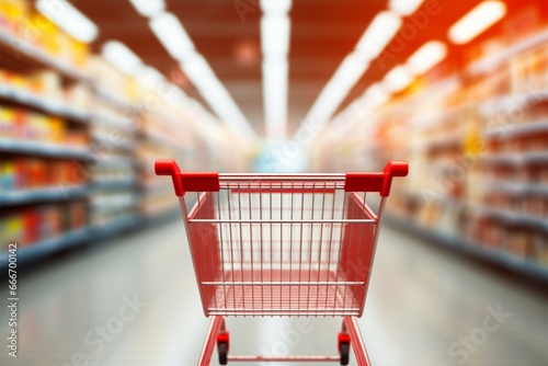 Supermarket aisle blur with an empty red shopping cart foreground