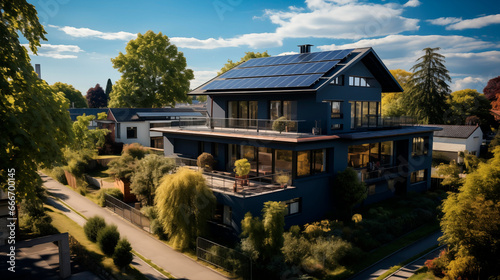 Urbanization with a house with solar panels on the roof. renewable energy. made with ai