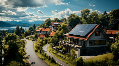 Urbanization with a house with solar panels on the roof. renewable energy. made with ai