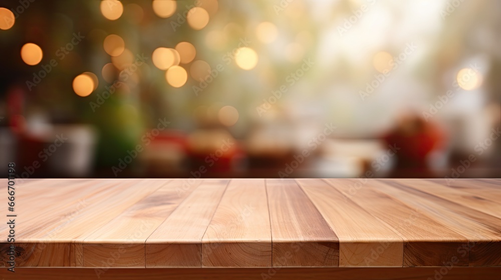 Empty wooden table for product display montage with bokeh background.. For product display, banner ai generative
