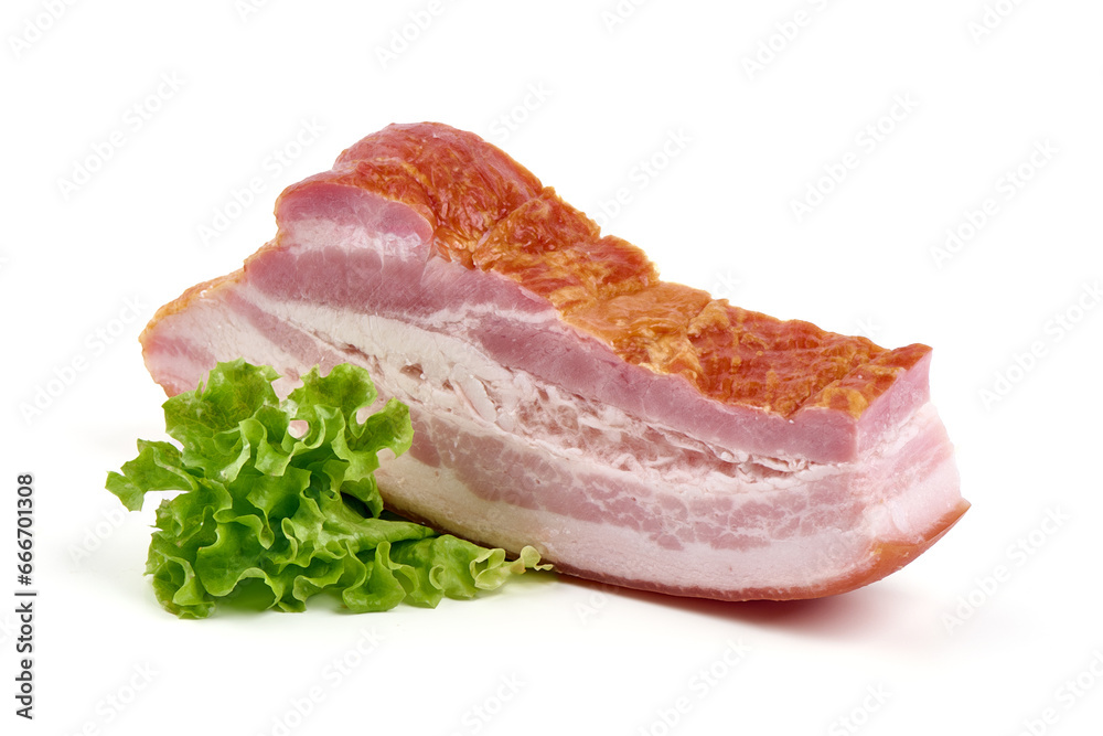 Homemade smoked pork brisket with garlic and spices, isolated on white background. Homemade smoked pork brisket with garlic and spices, isolated on white background.