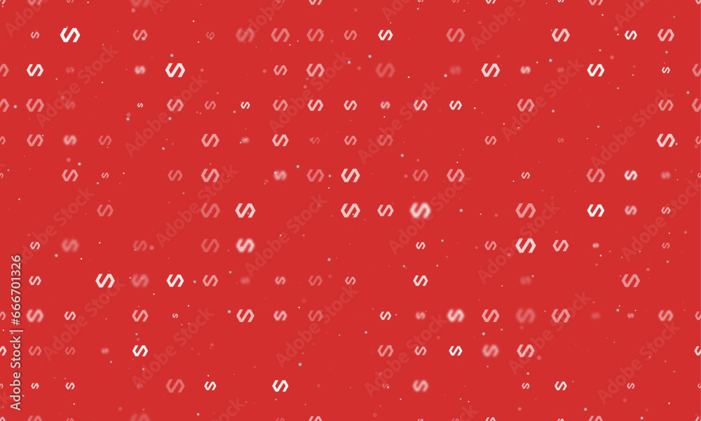 Seamless background pattern of evenly spaced white polymer symbols of different sizes and opacity. Vector illustration on red background with stars