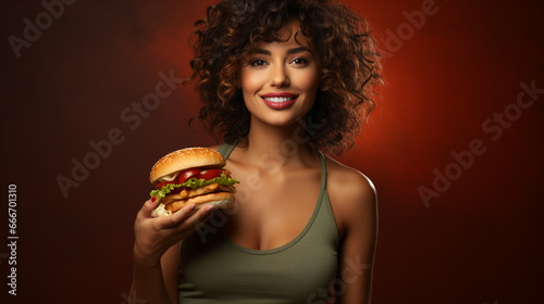 portrait of beautiful young woman eating hamburger