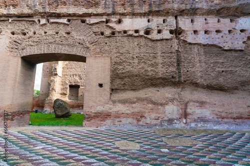 Palestra, Gym, Polychrome mosaic with scaled pattern, Baths of Caracalla, UNESCO World Heritage Site, Rome, Latium (Lazio)