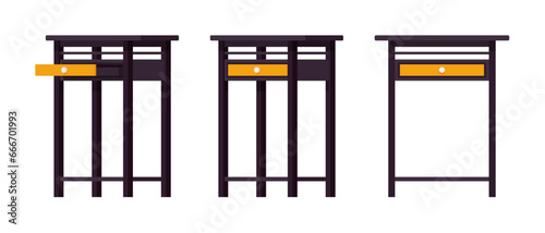 Tall nightstand with storage drawer natural wood black set. Side sofa table, plant, telephone stand, bedside item. Vector flat style cartoon home, office furniture objects isolated on white background
