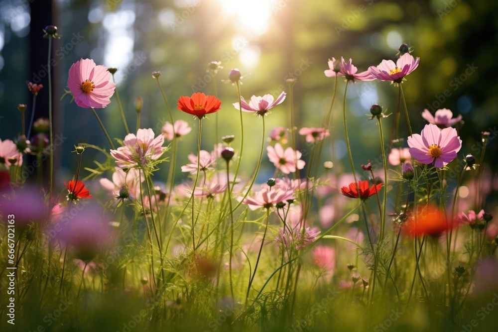 Fototapeta premium The landscape of colorful cosmos flowers in a forest with the focus on the setting sun. Soft focus