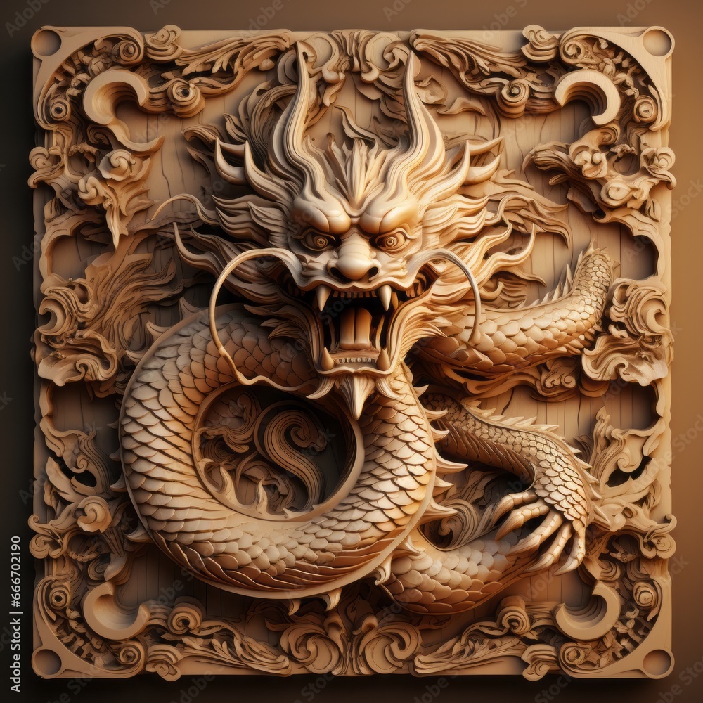 Wooden Chinese dragon. Dragon as a Symbol of 2024. Year of the Dragon