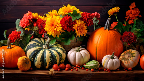 autumn background with pumpkins and berries
