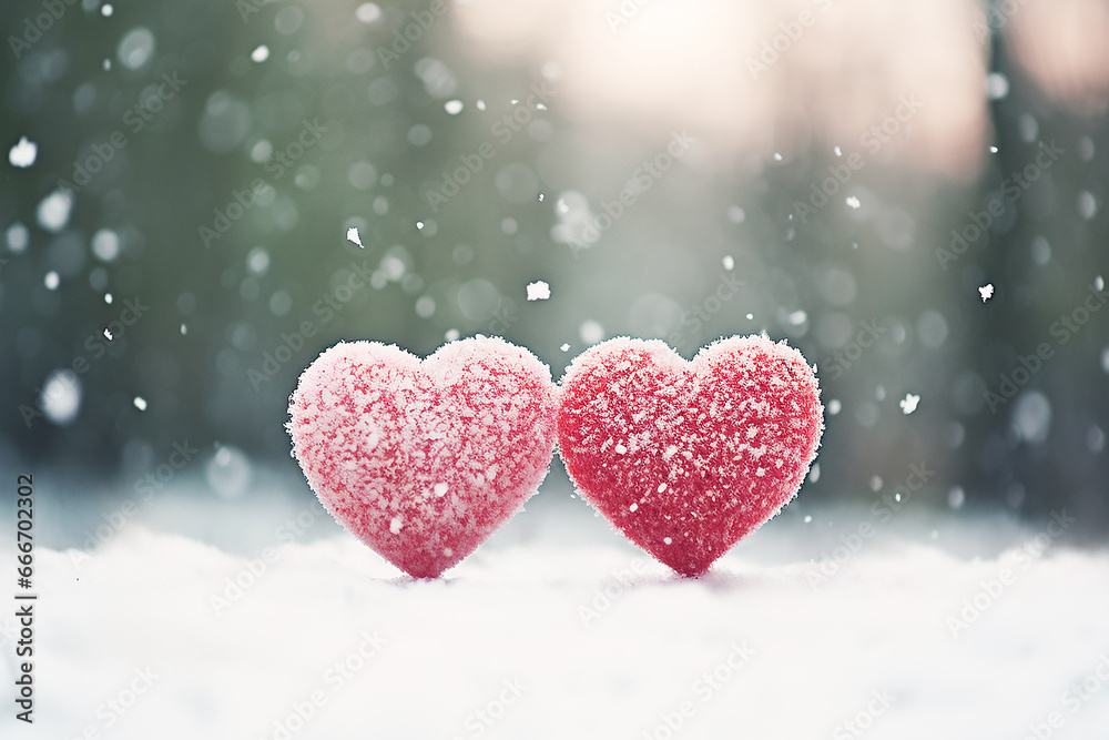 Fototapeta premium hearts on snow,valentines day concept.valentines day background with hearts with place for text
