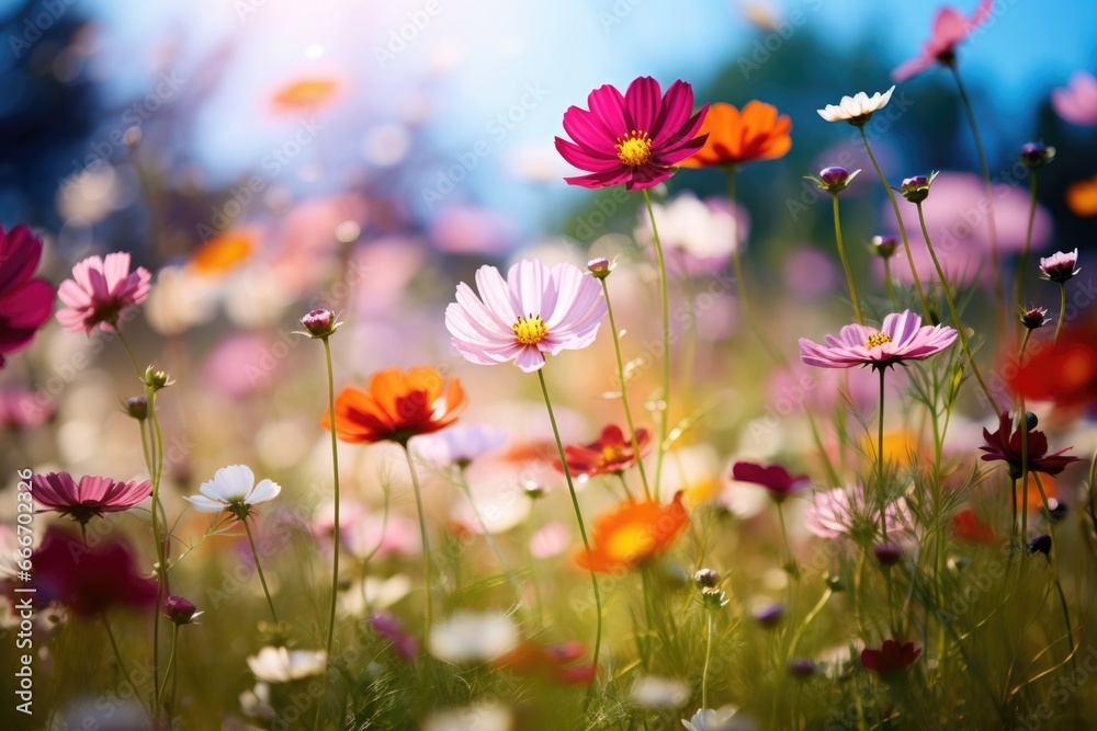 The landscape of colorful cosmos flowers in a forest with the focus on the setting sun. Soft focus

