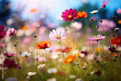 The landscape of colorful cosmos flowers in a forest with the focus on the setting sun. Soft focus   © Jasmina