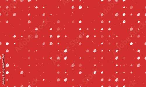 Seamless background pattern of evenly spaced white water drop symbols of different sizes and opacity. Vector illustration on red background with stars