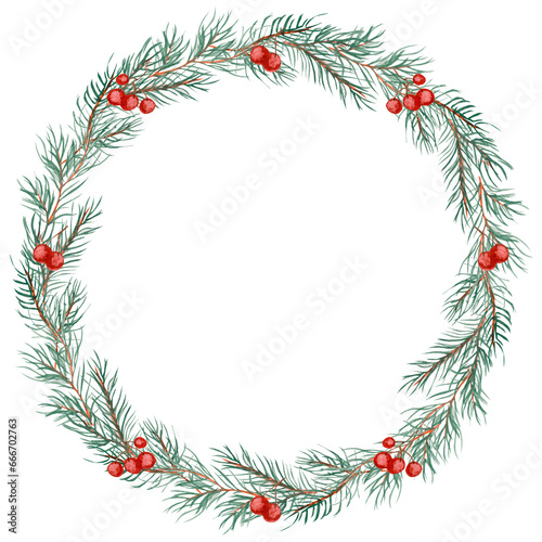 Watercolor fir wreath with red berries isolated on white background, for greeting, invitation and various products etc