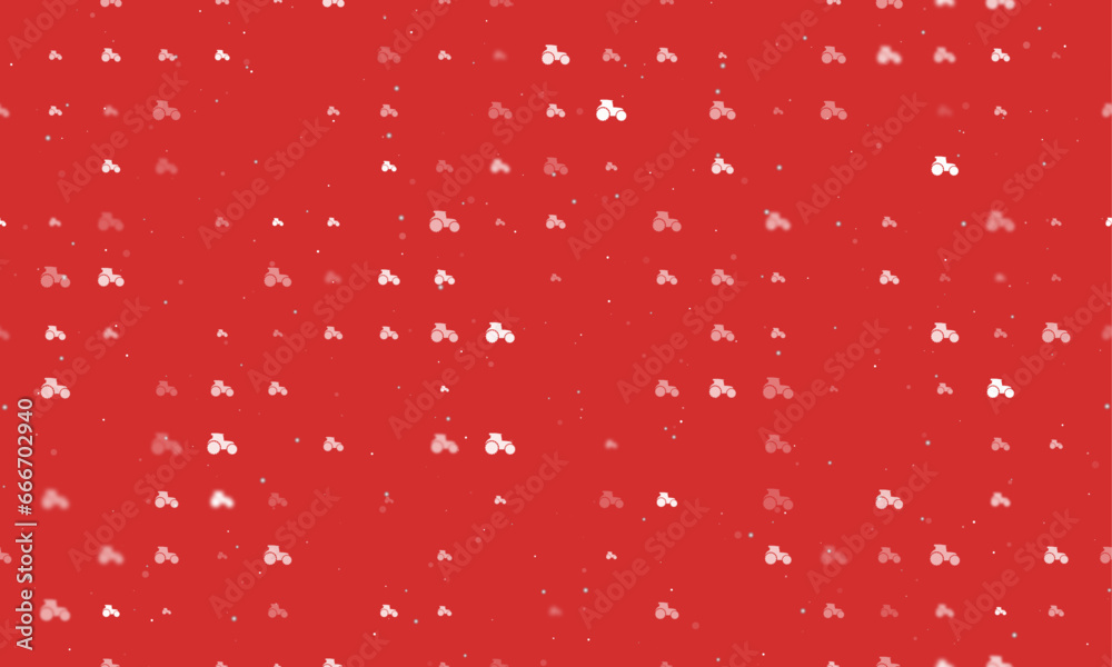 Seamless background pattern of evenly spaced white tractor symbols of different sizes and opacity. Vector illustration on red background with stars Seamless background pattern of evenly spaced white tractor symbols of different sizes and opacity. Vector illustration on red background with stars