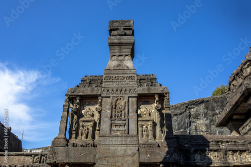 Stone Diya Stambha pillar in the Kailash Temple, Ellora Caves, UNESCO World Heritage Site, Maharashtra, India photo