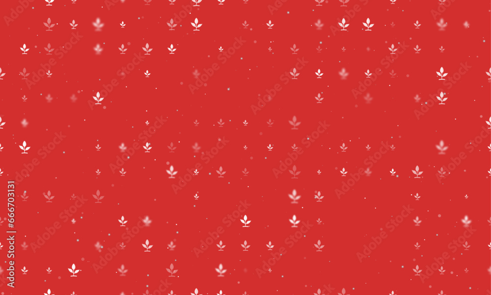 Seamless background pattern of evenly spaced white sprout symbols of different sizes and opacity. Vector illustration on red background with stars