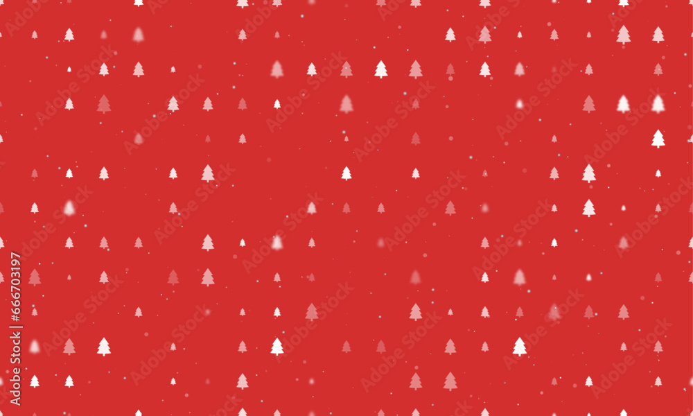 Seamless background pattern of evenly spaced white fir-tree symbols of different sizes and opacity. Vector illustration on red background with stars Seamless background pattern of evenly spaced white fir-tree symbols of different sizes and opacity. Vector illustration on red background with stars