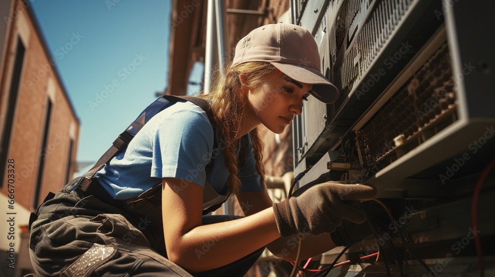 young female mechanical engineer in a helmet and overalls repairs an air conditioner outside on a sunny day