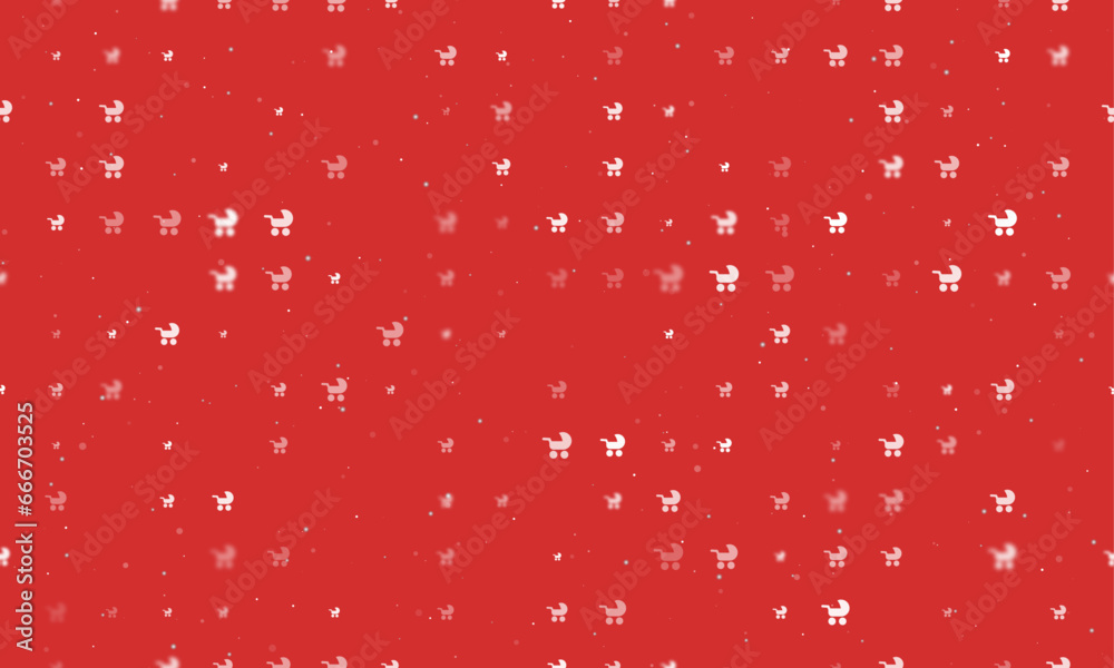 Seamless background pattern of evenly spaced white baby carriage symbols of different sizes and opacity. Vector illustration on red background with stars