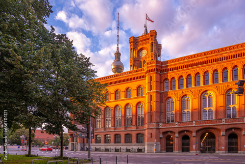 View of Rotes Rathaus (Town Hall) at sunset, Nikolai District, Berlin, Germany photo