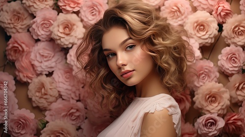 A portrait of a fashion girl who exudes sweetness and sensuality thanks to her beautiful makeup and romantic messy hairstyle. Flowers form the background.