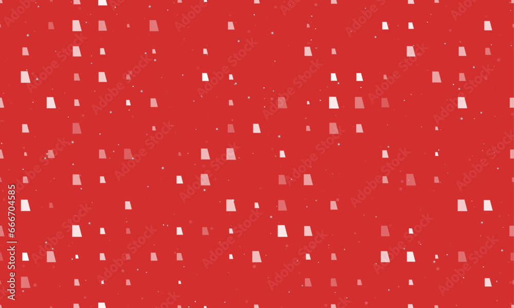 Seamless background pattern of evenly spaced white trapezium symbols of different sizes and opacity. Vector illustration on red background with stars
