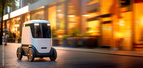 A modern automated food delivery robot drives along a city street. Autonomous innovation bot for parcel delivery shipping. Economical, Eco-friendly and Energy Efficient Futuristic Deliveries © Vira