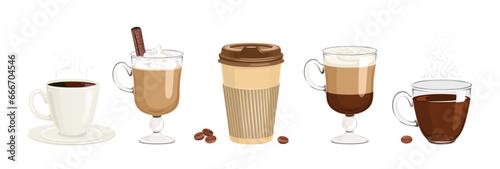 Coffee cups set. Espresso in white cup, latte, cappuccino, takeaway coffee paper cup  and steaming americano in glass cup. Collection of vector cartoon illustrations.