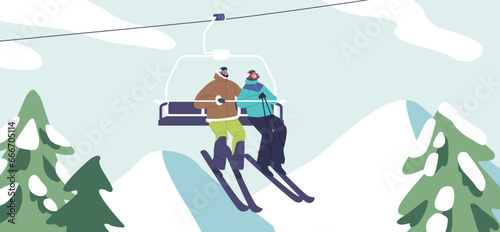 Skiers Couple, Bundled In Gear, Ascend A Snowy Mountain On A Ski Lift, Eagerly Anticipating Their Downhill Adventure