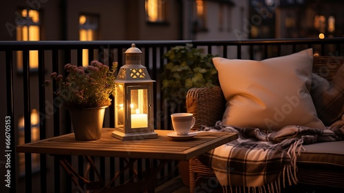 A small wooden balcony in a natural color with heather flowers, candlelight, flame, and soft dark green plaid, waiting on a garden furniture chair is a lovely autumn hygge home decor