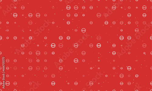 Seamless background pattern of evenly spaced white no overtaking signs of different sizes and opacity. Vector illustration on red background with stars
