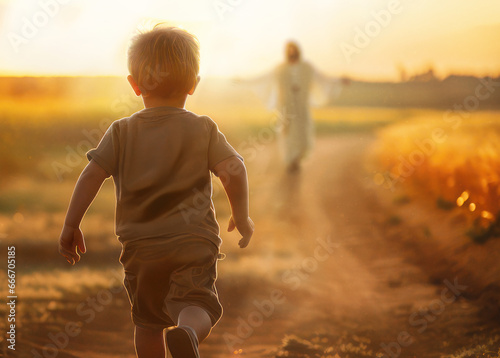 Stampa su tela Little boy runs to Jesus
