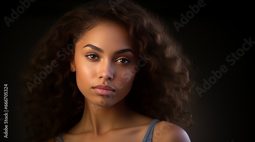 A studio setting is where portraits of a beautiful biracial woman are taken